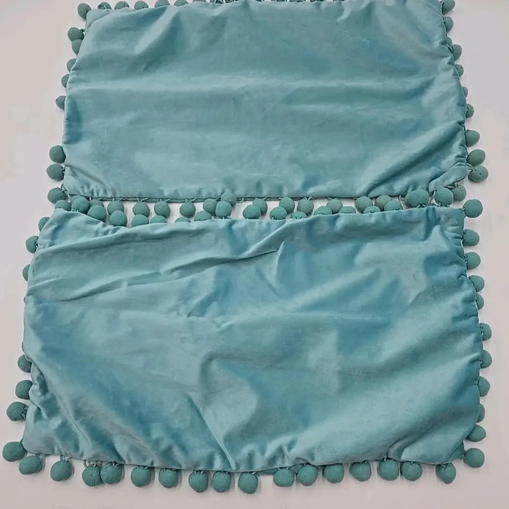 2 Velvet Throw Pillow Covers Mint Green‎ Pompom 70's Pillowcases 12x20